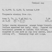 Index card with typed and handwritten information, sometimes including a sketch, of pottery from an excavation.