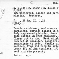 Index card with typed and handwritten information, sometimes including a sketch, of pottery from an excavation.