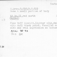Index card with typed and handwritten information, sometimes including a sketch, of pottery from an excavation.