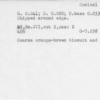 Index card with typed and handwritten information, sometimes including a sketch, of pottery from an excavation.