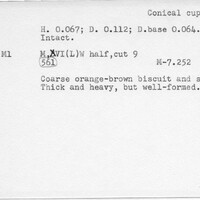Index card with typed and handwritten information, sometimes including a sketch, of pottery from an excavation.