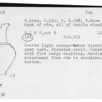 Index card with typed and handwritten information, sometimes including a sketch, of pottery from an excavation.