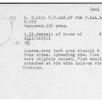 Index card with typed and handwritten information, sometimes including a sketch, of pottery from an excavation.