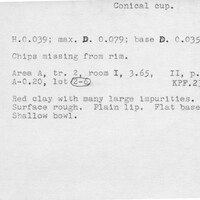 Index card with typed and handwritten information, sometimes including a sketch, of pottery from an excavation.