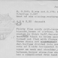 Index card with typed and handwritten information, sometimes including a sketch, of pottery from an excavation.