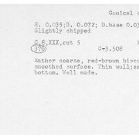 Index card with typed and handwritten information, sometimes including a sketch, of pottery from an excavation.