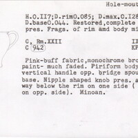 Index card with typed and handwritten information, sometimes including a sketch, of pottery from an excavation.
