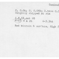 Index card with typed and handwritten information, sometimes including a sketch, of pottery from an excavation.