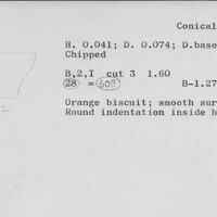 Index card with typed and handwritten information, sometimes including a sketch, of pottery from an excavation.