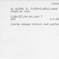 Index card with typed and handwritten information, sometimes including a sketch, of pottery from an excavation.