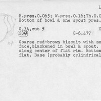 Index card with typed and handwritten information, sometimes including a sketch, of pottery from an excavation.