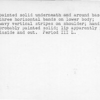 Index card with typed and handwritten information, sometimes including a sketch, of pottery from an excavation.