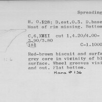 Index card with typed and handwritten information, sometimes including a sketch, of pottery from an excavation.