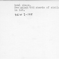 Index card with typed and handwritten information, sometimes including a sketch, of pottery from an excavation.