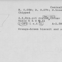 Index card with typed and handwritten information, sometimes including a sketch, of pottery from an excavation.