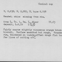 Index card with typed and handwritten information, sometimes including a sketch, of pottery from an excavation.