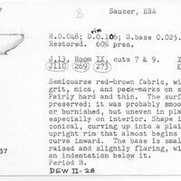 Index card with typed and handwritten information, sometimes including a sketch, of pottery from an excavation.