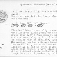 Index card with typed and handwritten information, sometimes including a sketch, of pottery from an excavation.