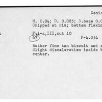 Index card with typed and handwritten information, sometimes including a sketch, of pottery from an excavation.