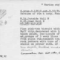 Index card with typed and handwritten information, sometimes including a sketch, of pottery from an excavation.