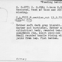 Index card with typed and handwritten information, sometimes including a sketch, of pottery from an excavation.