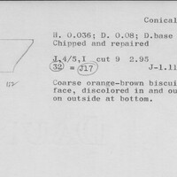 Index card with typed and handwritten information, sometimes including a sketch, of pottery from an excavation.