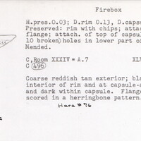 Index card with typed and handwritten information, sometimes including a sketch, of pottery from an excavation.