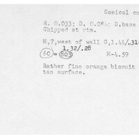 Index card with typed and handwritten information, sometimes including a sketch, of pottery from an excavation.