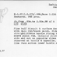 Index card with typed and handwritten information, sometimes including a sketch, of pottery from an excavation.
