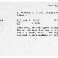 Index card with typed and handwritten information, sometimes including a sketch, of pottery from an excavation.