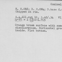 Index card with typed and handwritten information, sometimes including a sketch, of pottery from an excavation.