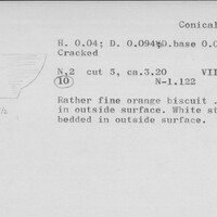 Index card with typed and handwritten information, sometimes including a sketch, of pottery from an excavation.