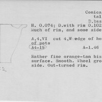 Index card with typed and handwritten information, sometimes including a sketch, of pottery from an excavation.