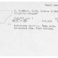 Index card with typed and handwritten information, sometimes including a sketch, of pottery from an excavation.