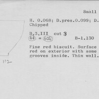 Index card with typed and handwritten information, sometimes including a sketch, of pottery from an excavation.
