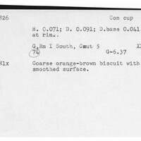 Index card with typed and handwritten information, sometimes including a sketch, of pottery from an excavation.