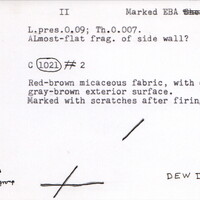 Index card with typed and handwritten information, sometimes including a sketch, of pottery from an excavation.