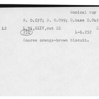 Index card with typed and handwritten information, sometimes including a sketch, of pottery from an excavation.