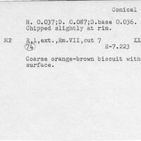 Index card with typed and handwritten information, sometimes including a sketch, of pottery from an excavation.