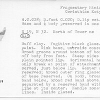 Index card with typed and handwritten information, sometimes including a sketch, of pottery from an excavation.