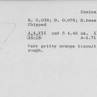 Index card with typed and handwritten information, sometimes including a sketch, of pottery from an excavation.