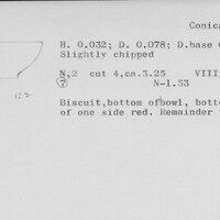 Index card with typed and handwritten information, sometimes including a sketch, of pottery from an excavation.
