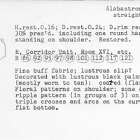 Index card with typed and handwritten information, sometimes including a sketch, of pottery from an excavation.