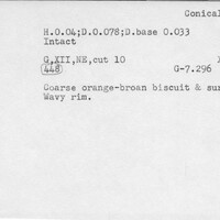 Index card with typed and handwritten information, sometimes including a sketch, of pottery from an excavation.