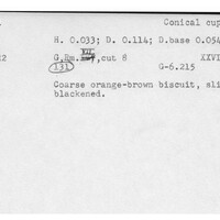 Index card with typed and handwritten information, sometimes including a sketch, of pottery from an excavation.