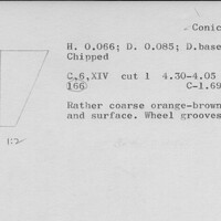 Index card with typed and handwritten information, sometimes including a sketch, of pottery from an excavation.