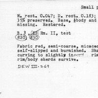 Index card with typed and handwritten information, sometimes including a sketch, of pottery from an excavation.