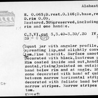 Index card with typed and handwritten information, sometimes including a sketch, of pottery from an excavation.