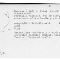 Index card with typed and handwritten information, sometimes including a sketch, of pottery from an excavation.