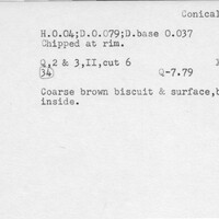 Index card with typed and handwritten information, sometimes including a sketch, of pottery from an excavation.